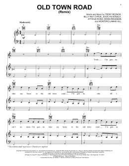 page one of Old Town Road (Remix) (Piano, Vocal & Guitar Chords (Right-Hand Melody))