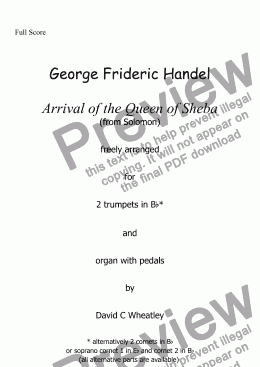 page one of Handel - Arrival of the Queen of Sheba  freely arranged for  2 trumpets (easier parts) and organ with pedals