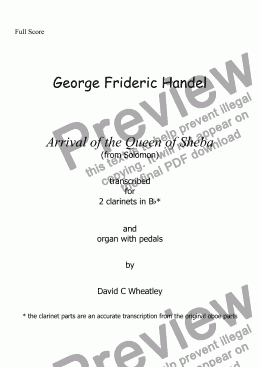 page one of Handel - Arrival of the Queen of Sheba  transcribed for  2 clarinets and organ with pedals by David C Wheatley