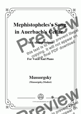 page one of Mussorgsky-Mephistopheles's Song in Auerbach's Cellar in c sharp minor,for Voice&Pno