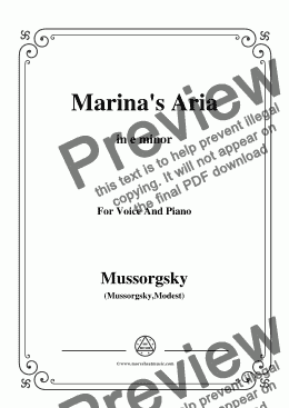 page one of Mussorgsky-Marina's Aria,from 'Boris Godunov',in e minor,for Voice and Piano,for Voice&Pno