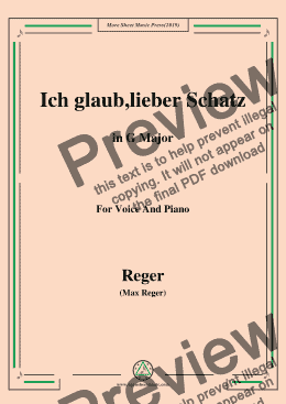 page one of Reger-Ich glaub,lieber Schatz in G Major,for Voice&Piano