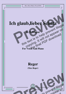 page one of Reger-Ich glaub,lieber Schatz in D Major,for Voice&Piano