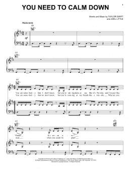 page one of You Need To Calm Down (Piano, Vocal & Guitar Chords (Right-Hand Melody))