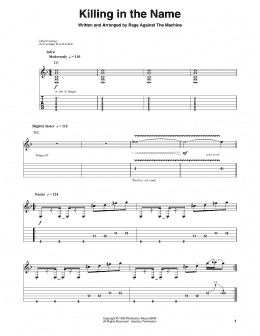 page one of Killing In The Name (Guitar Tab (Single Guitar))