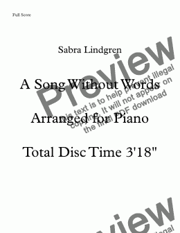 page one of A Song Without Words,  Arranged for Piano