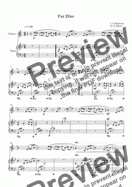 page one of Fur Elise, Ludwig Van Beethoven, For Clarinet & Piano