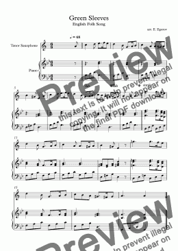 page one of Green Sleeves, English Folk Song, For Tenor Saxophone & Piano