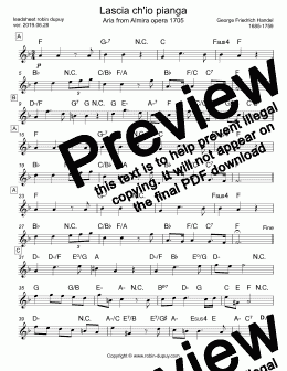 page one of Handel - Haendel - Lascia ch'io pianga - Here let my tears flow - ヘンデル - 私を泣かせてください - 나를 울게 하소서 - PDF - lead sheet Melody + chords