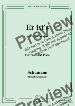 page one of Schumann-Er ist's,in G flat Major,Op.79,No.24,for Voice and Piano