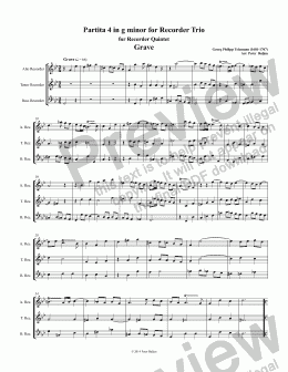 page one of GP Telemann Kleine Kammermusik Partita 4 in g minor for Recorder Trio 