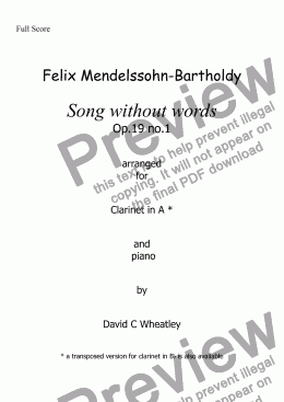 page one of Mendelssohn - Song without words op 19 no 1 for clarinet in A and piano arranged by David C Wheatley