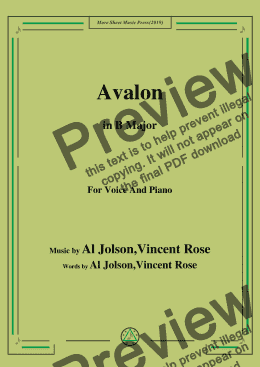 page one of Al Jolson,Vincent Rose-Avalon,in B Major,for Voice and Piano