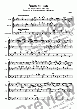 page one of Prelude in F-minor from Das Wohltemperierte  Klavier  book 2 Transcription for Flute, guitar and cello by L Gosztonyi