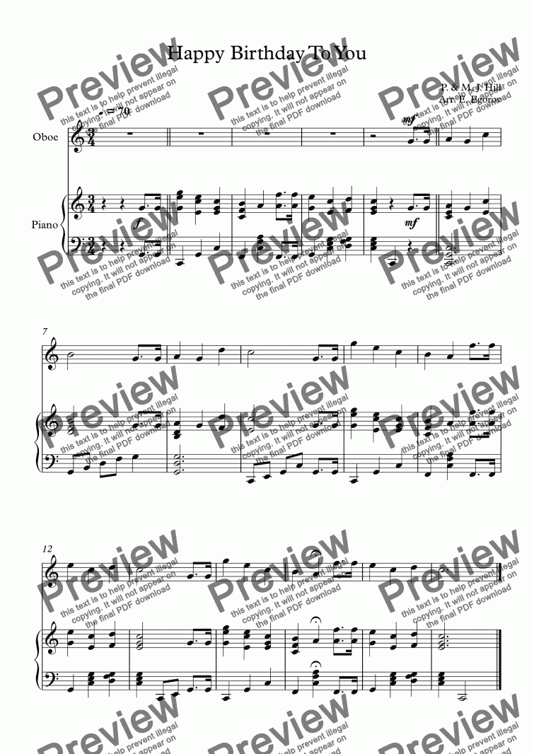 Happy Birthday To You Patty Mildred J Hill For Oboe Piano Pdf