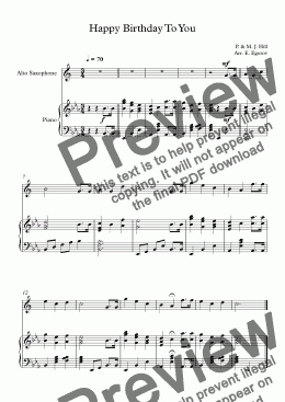 page one of Happy Birthday To You, Patty & Mildred J. Hill, For Alto Saxophone & Piano (mp3)