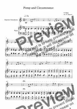 page one of Pomp and Circumstance, Edward Elgar, For Soprano Saxophone & Piano