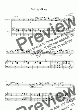 page one of Solveig`s Song, Edvard Grieg, For Trombone & Piano