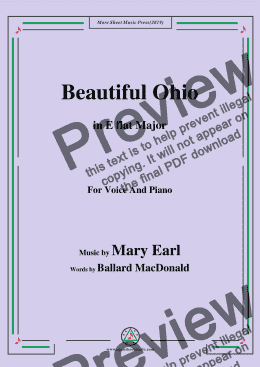 page one of Mary Earl-Beautiful Ohio,in E flat Major,for Voice and Piano