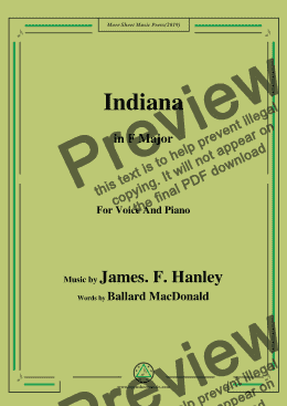 page one of James F. Hanley-Indiana,in F Major,for Voice and Piano