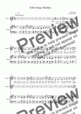 page one of Folk Songs Medley - Voice 1, Voice 2 & Piano (and optional violin duet)