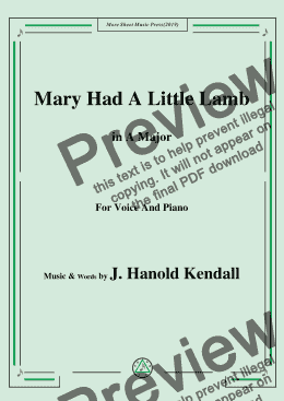 page one of J. Hanold Kendall-Mary Had A Little Lamb,in A Major,for Voice and Piano