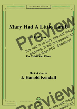 page one of J. Hanold Kendall-Mary Had A Little Lamb,in D Major,for Voice and Piano