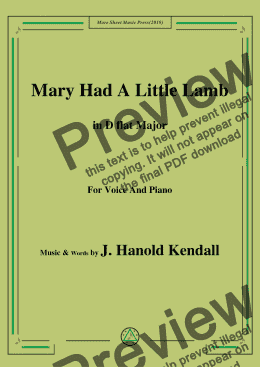 page one of J. Hanold Kendall-Mary Had A Little Lamb,in D flat Major,for Voice and Piano