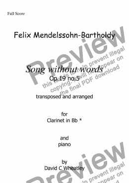 page one of Mendelssohn - Song without words op 19 no 5 for clarinet in Bb and piano arranged by David Wheatley