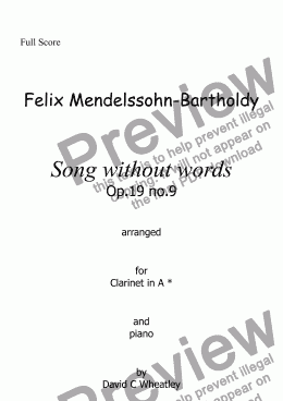 page one of Mendelssohn - Song without words op 19 no 9 for clarinet in A and piano arranged by David Wheatley