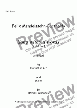 page one of Mendelssohn - Song without words op 67 no 2 for clarinet in A and piano arranged by David Wheatley
