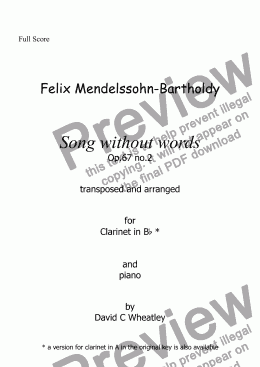 page one of Mendelssohn - Song without words op 67 no 2 for clarinet in Bb and piano arranged by David Wheatley