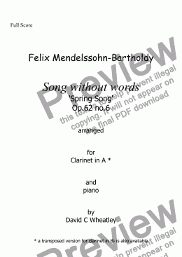page one of Mendelssohn - Song without words op 62 no 6 'Spring Song' for clarinet in A and piano
