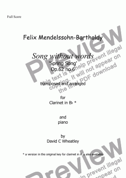 page one of Mendelssohn - Song without words op 62 no 6 'Spring Song' for clarinet in Bb and piano arranged by David C Wheatley