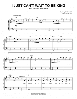 page one of I Just Can't Wait To Be King (from The Lion King 2019) (Easy Piano)