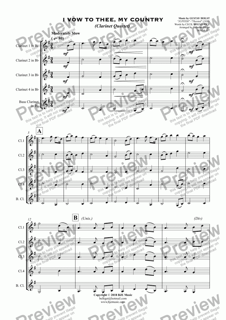 I Vow To Thee My Country Clarinet Quartet Sheet Music Pdf File