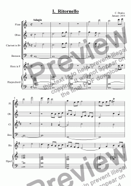 page one of Concerto for Wind Quintet and Keyboard in C, mvt. 1 (Ritornello - Adagio/Allegro)