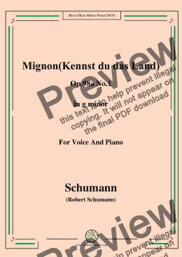 page one of Schumann-Mignon(Kennst du das Land),Op.98a No.1,in g minor,for Vioce&Pno