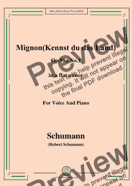 page one of Schumann-Mignon(Kennst du das Land),Op.98a No.1,in a flat minor,for Vioce&Pno