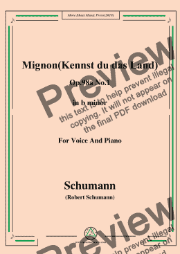 page one of Schumann-Mignon(Kennst du das Land),Op.98a No.1,in b minor,for Vioce&Pno