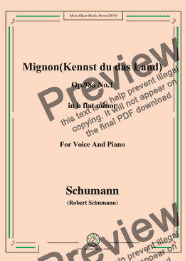 page one of Schumann-Mignon(Kennst du das Land),Op.98a No.1,in b flat minor,for Vioce&Pno