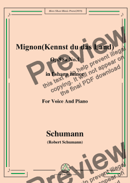 page one of Schumann-Mignon(Kennst du das Land),Op.98a No.1,in f sharp minor,for Vioce&Pno