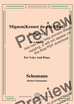 page one of Schumann-Mignon(Kennst du das Land),Op.98a No.1,in e minor,for Vioce&Pno