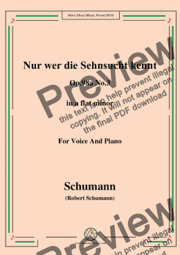 page one of Schumann-Nur wer die Sehnsucht kennt,Op.98a No.3,in a flat minor,for Vioce&Pno