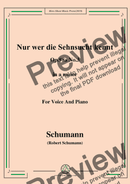 page one of Schumann-Nur wer die Sehnsucht kennt,Op.98a No.3,in a minor,for Vioce&Pno