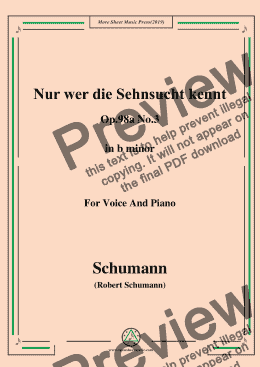 page one of Schumann-Nur wer die Sehnsucht kennt,Op.98a No.3,in b minor,for Vioce&Pno