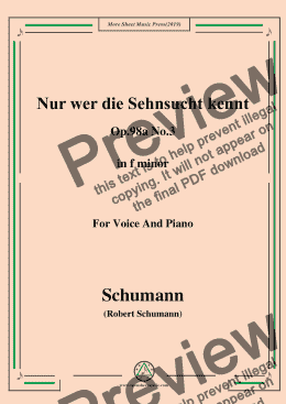 page one of Schumann-Nur wer die Sehnsucht kennt,Op.98a No.3,in f minor,for Vioce&Pno