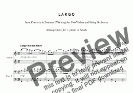 page one of J. S. Bach - LARGO from Concerto in D Minor BWV 1043 - piano 4 hands