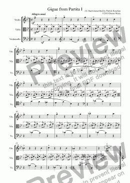 page one of Bach - Gigue from Partita I for Violin, Viola and Cello