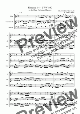 page one of Sinfonia 14 - BWV 800 - arr. for Flute, Clarinet and Bassoon